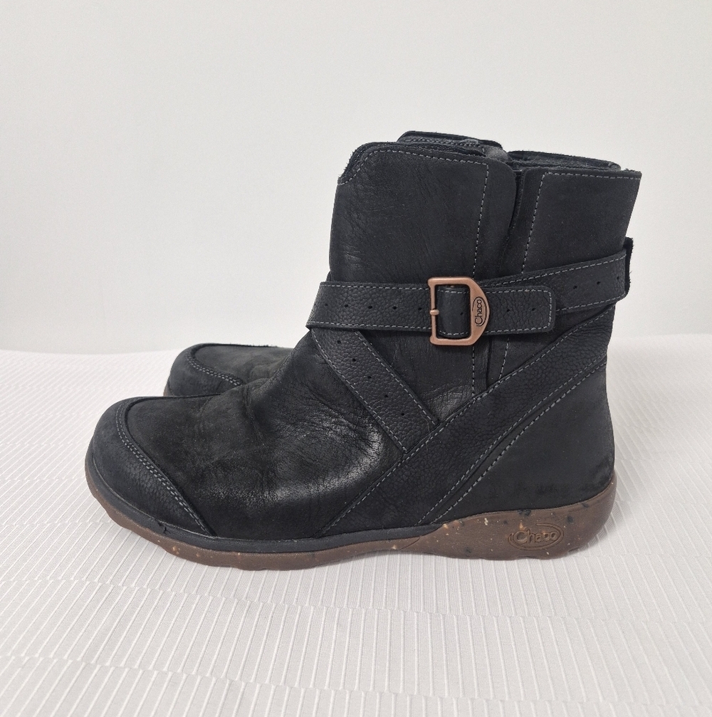 Chaco Skye Leather Black Hiking Buckle Boots sz 8